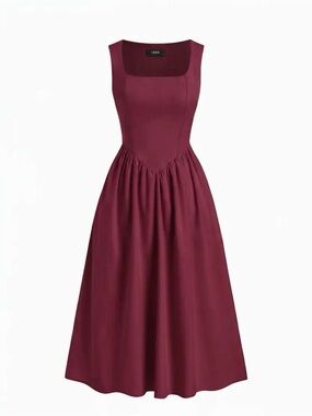 Cider LINEN-BLEND SQUARE NECK RUFFLE MIDI DRESS NWT